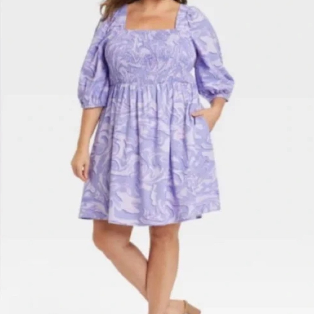 Ava & Viv Women's Purple Swirl Puff Elbow Sleeve Mini Dress